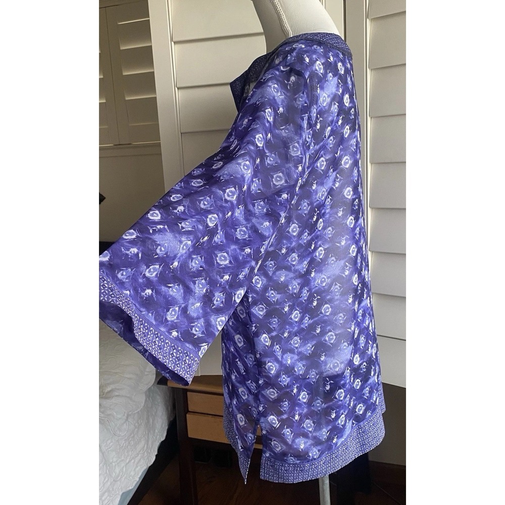 Chicos L Sheer Blue Artsy Sequin V-neck 3/4 Sleeve Tunic Blouse Boho Festival - Picture 6 of 13